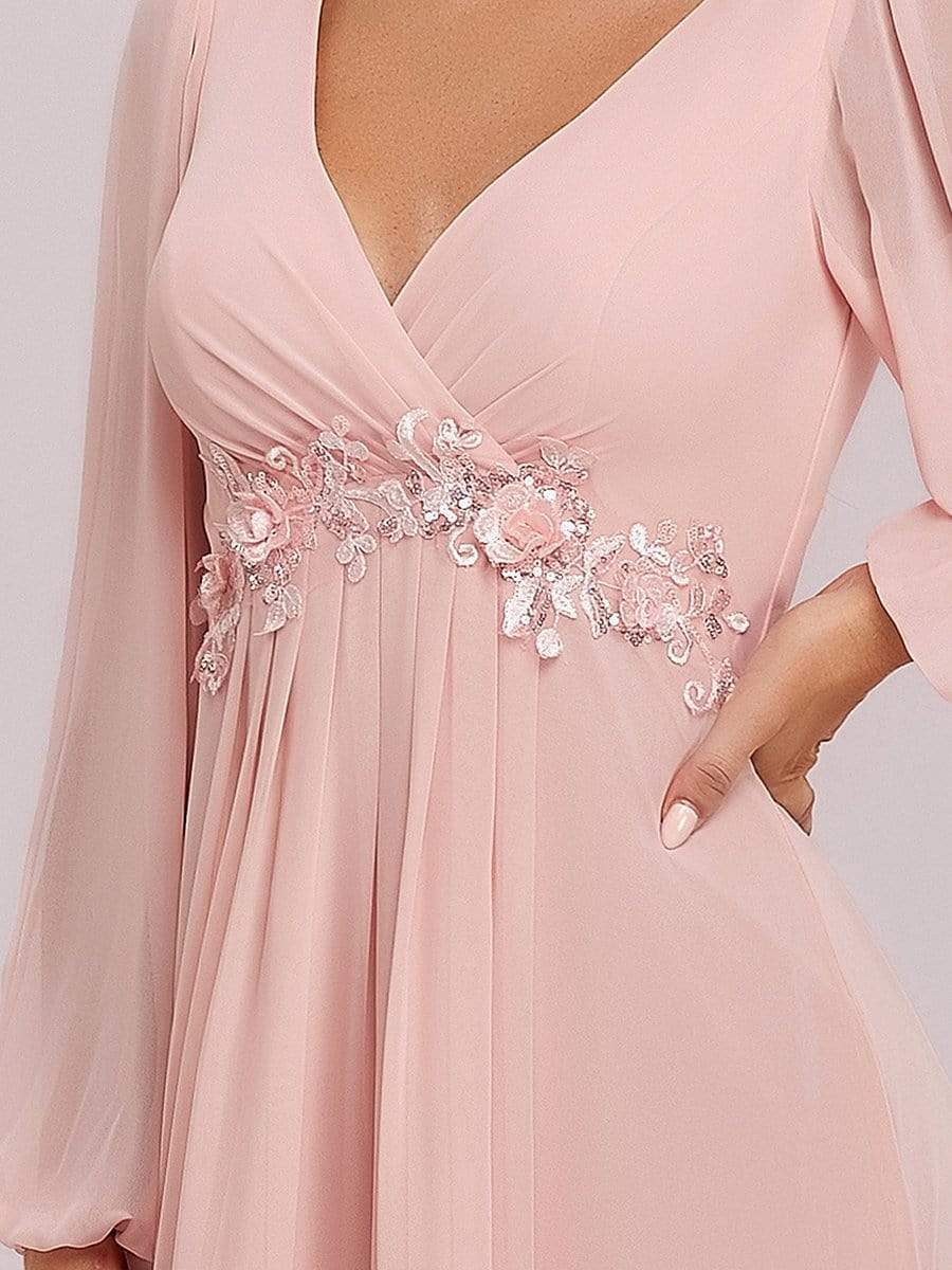 Elegant Chiffon V-Neckline Long Sleeve Formal Evening Dress #color_Pink Elegant Chiffon V-Neckline Long Sleeve Formal Evening Dress #color_Pink