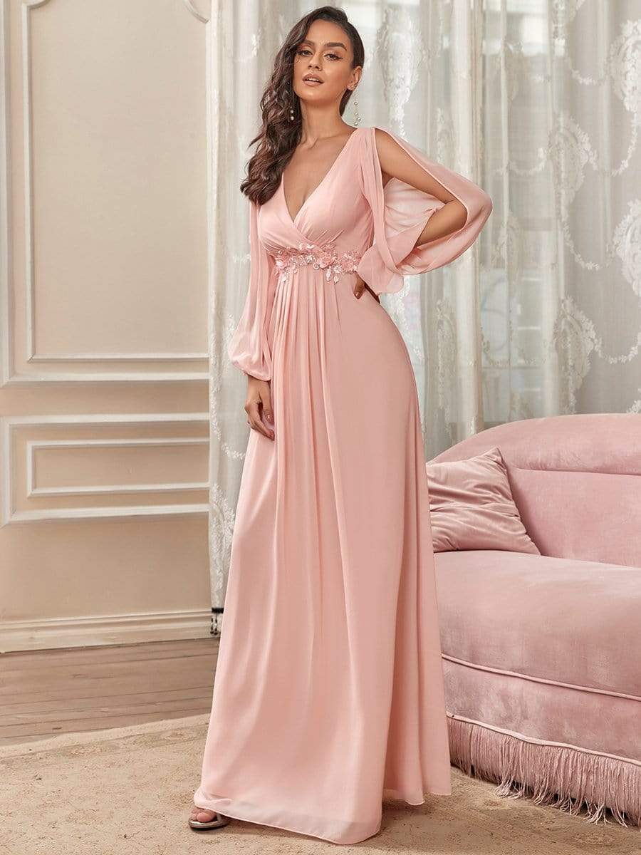 Elegant Chiffon V-Neckline Long Sleeve Formal Evening Dress #color_Pink Elegant Chiffon V-Neckline Long Sleeve Formal Evening Dress #color_Pink