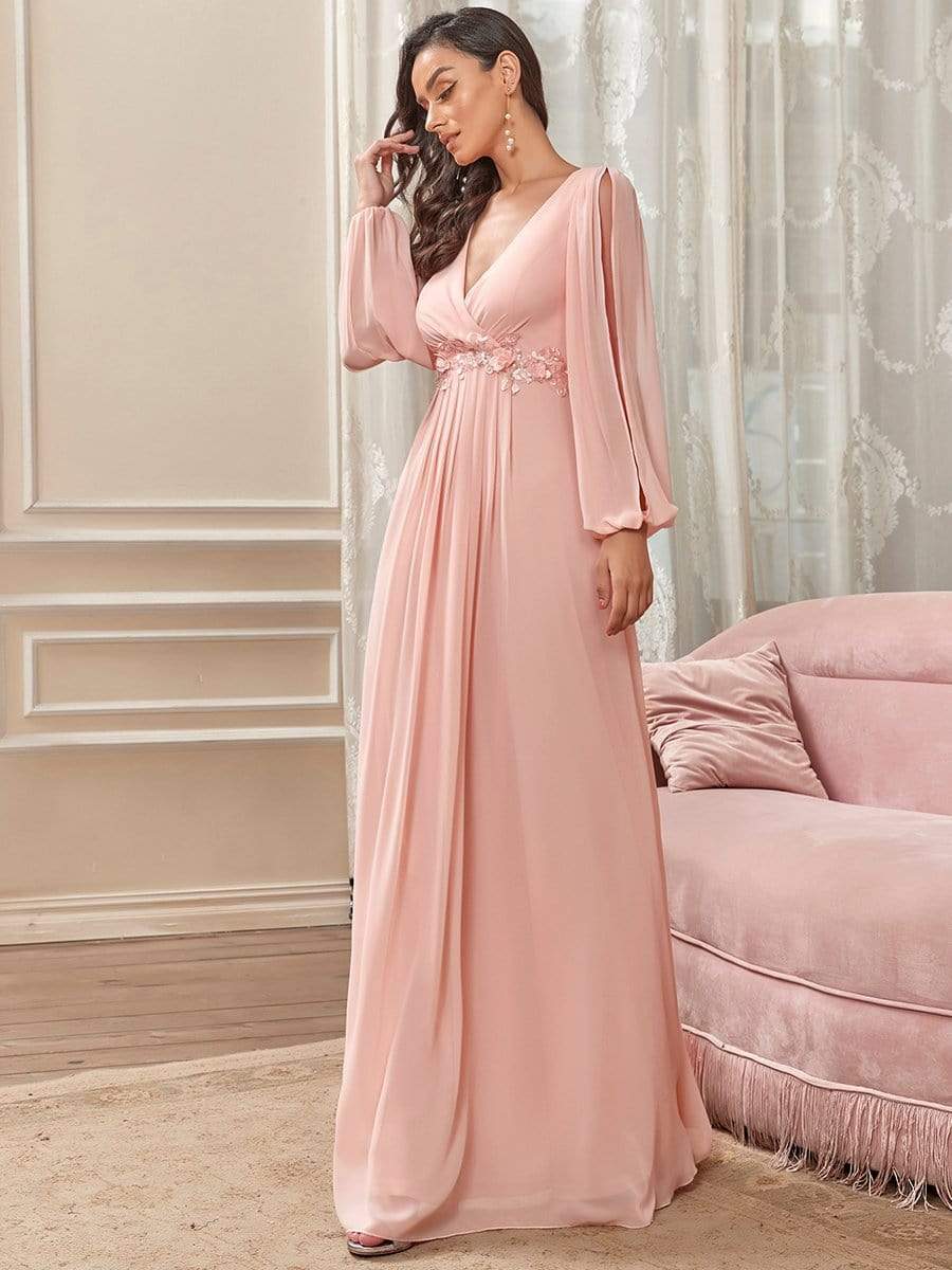 Elegant Chiffon V-Neckline Long Sleeve Formal Evening Dress #color_Pink Elegant Chiffon V-Neckline Long Sleeve Formal Evening Dress #color_Pink