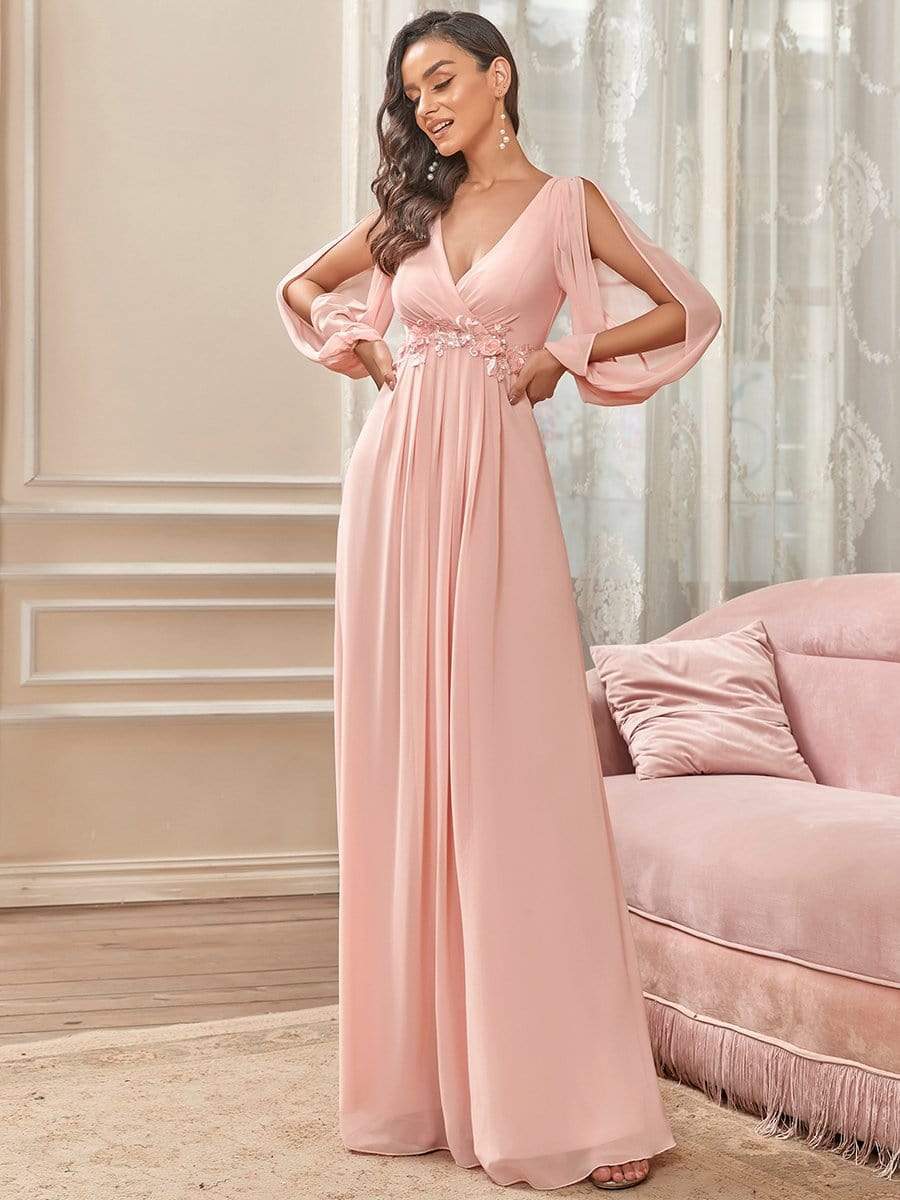 Elegant Chiffon V-Neckline Long Sleeve Formal Evening Dress #color_Pink Elegant Chiffon V-Neckline Long Sleeve Formal Evening Dress #color_Pink