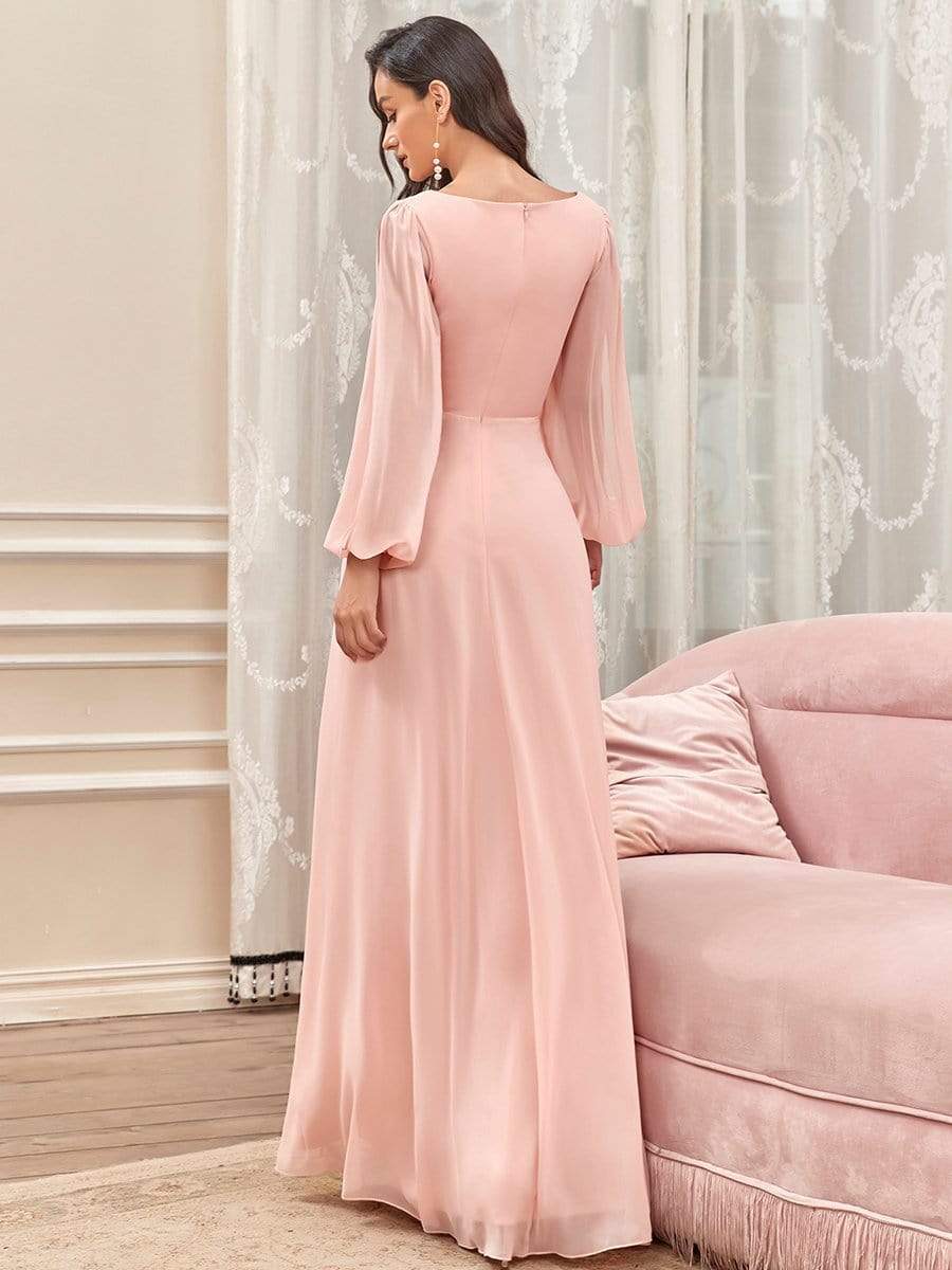 Elegant Chiffon V-Neckline Long Sleeve Formal Evening Dress #color_Pink Elegant Chiffon V-Neckline Long Sleeve Formal Evening Dress #color_Pink