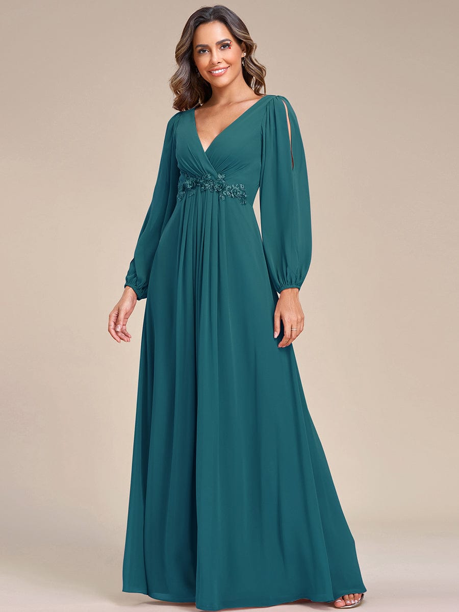 Waist Sequin Applique Chiffon Hollow Long Sleeve Evening Dress #color_Teal Waist Sequin Applique Chiffon Hollow Long Sleeve Evening Dress #color_Teal
