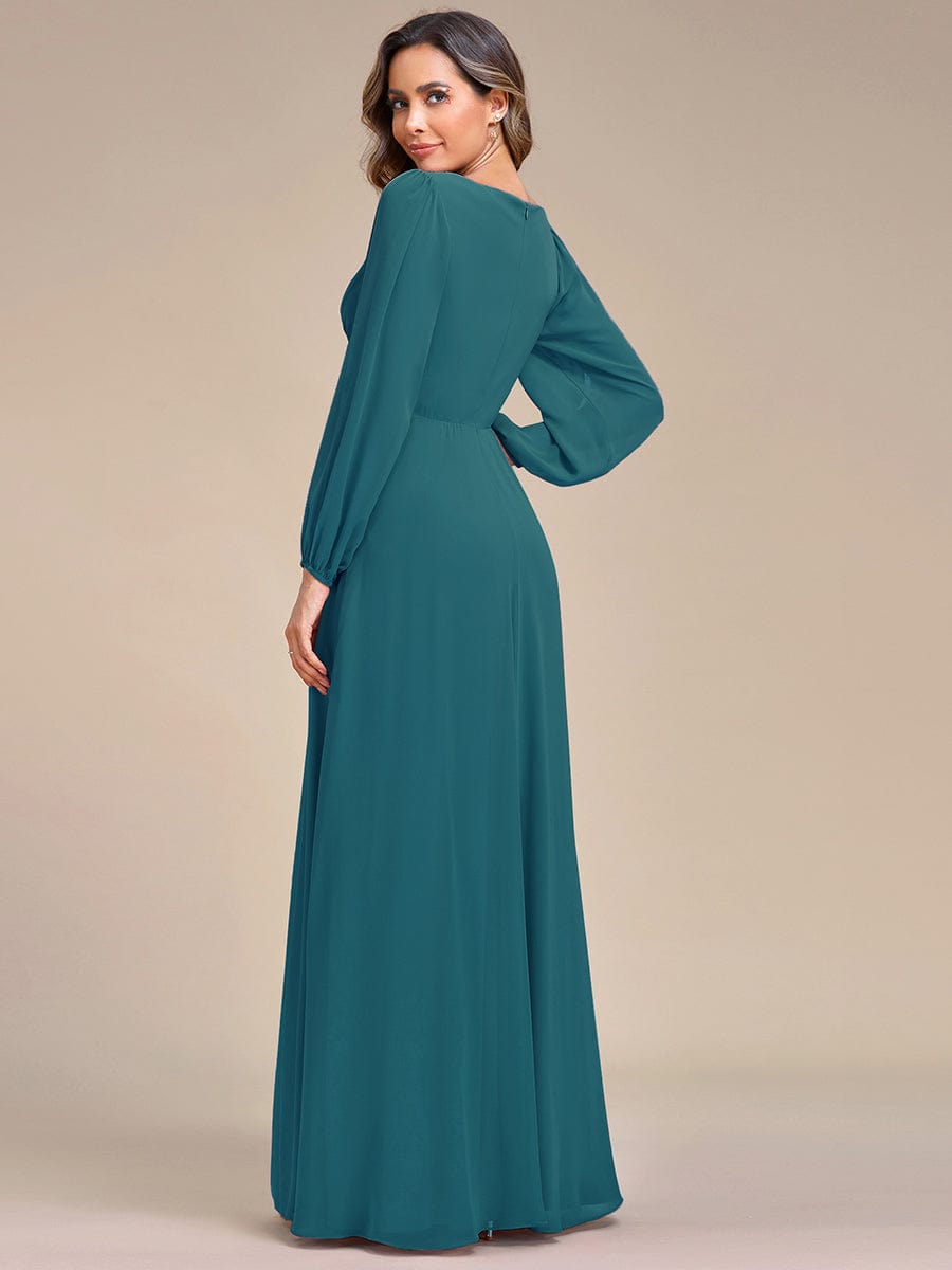 Waist Sequin Applique Chiffon Hollow Long Sleeve Evening Dress #color_Teal Waist Sequin Applique Chiffon Hollow Long Sleeve Evening Dress #color_Teal