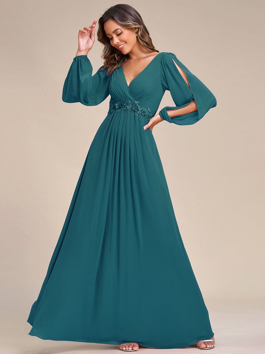 Waist Sequin Applique Chiffon Hollow Long Sleeve Evening Dress #color_Teal Waist Sequin Applique Chiffon Hollow Long Sleeve Evening Dress #color_Teal