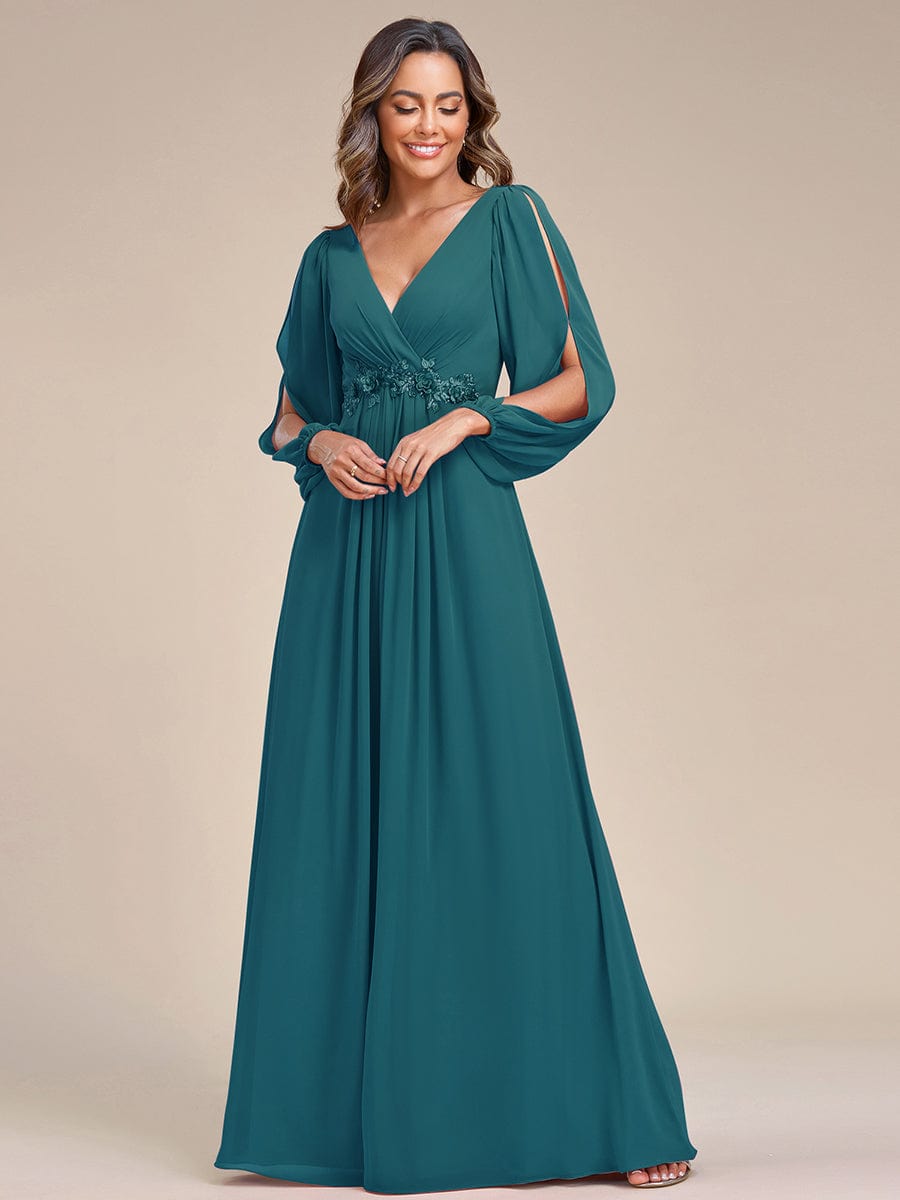 Waist Sequin Applique Chiffon Hollow Long Sleeve Evening Dress #color_Teal Waist Sequin Applique Chiffon Hollow Long Sleeve Evening Dress #color_Teal