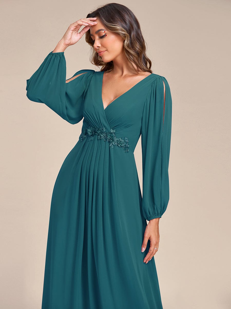 Waist Sequin Applique Chiffon Hollow Long Sleeve Evening Dress #color_Teal Waist Sequin Applique Chiffon Hollow Long Sleeve Evening Dress #color_Teal