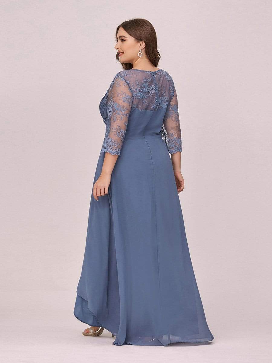 Color=Dusty Navy | Fashion Ruched Plus Size Chiffon Party Dress With Lace-Dusty Navy 2 Color=Dusty Navy | Fashion Ruched Plus Size Chiffon Party Dress With Lace-Dusty Navy 2