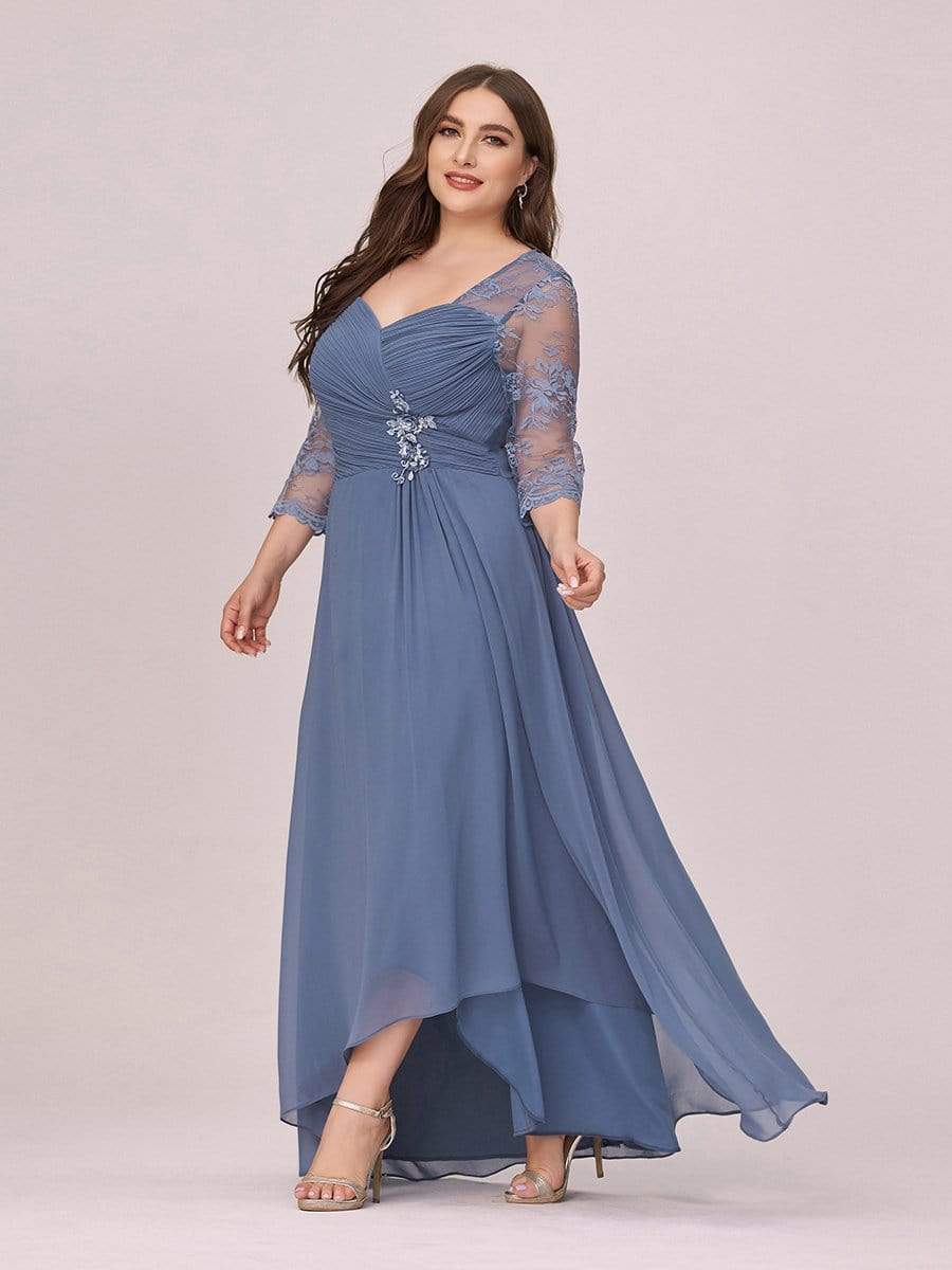 Color=Dusty Navy | Fashion Ruched Plus Size Chiffon Party Dress With Lace-Dusty Navy 3 Color=Dusty Navy | Fashion Ruched Plus Size Chiffon Party Dress With Lace-Dusty Navy 3