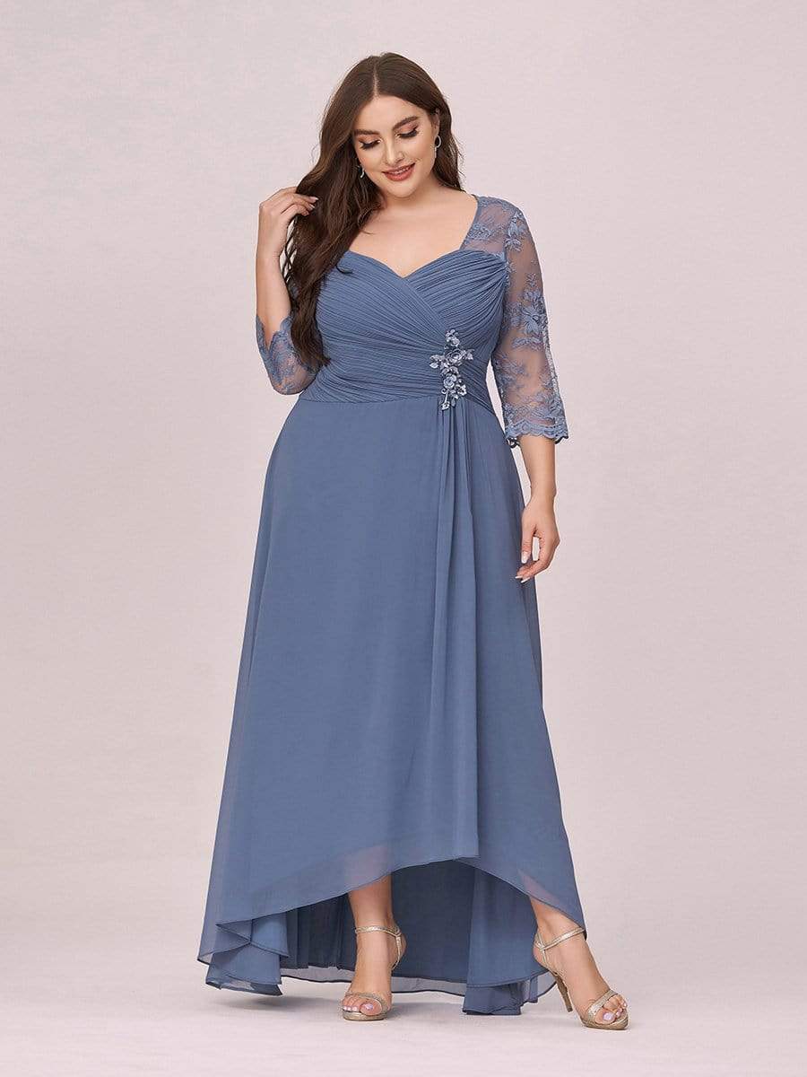 Color=Dusty Navy | Fashion Ruched Plus Size Chiffon Party Dress With Lace-Dusty Navy 4 Color=Dusty Navy | Fashion Ruched Plus Size Chiffon Party Dress With Lace-Dusty Navy 4