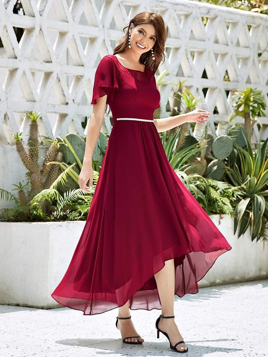 Color=Burgundy | Women'S Casual Boat Neck A-Line Midi Dress With Irregular Hem-Burgundy 1 Color=Burgundy | Women'S Casual Boat Neck A-Line Midi Dress With Irregular Hem-Burgundy 1