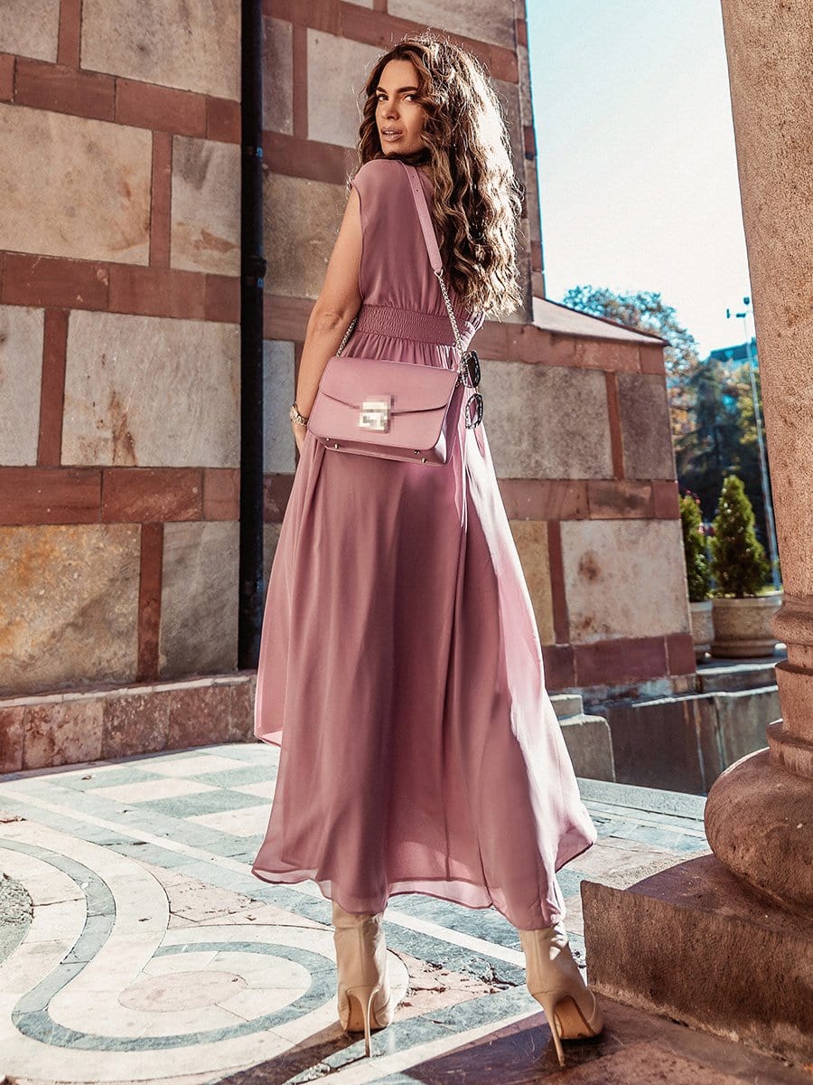 Color=Purple Orchid | Simple V Neck Chiffon Cocktail Dress With Elastic Waist-Purple Orchid 7 Color=Purple Orchid | Simple V Neck Chiffon Cocktail Dress With Elastic Waist-Purple Orchid 7