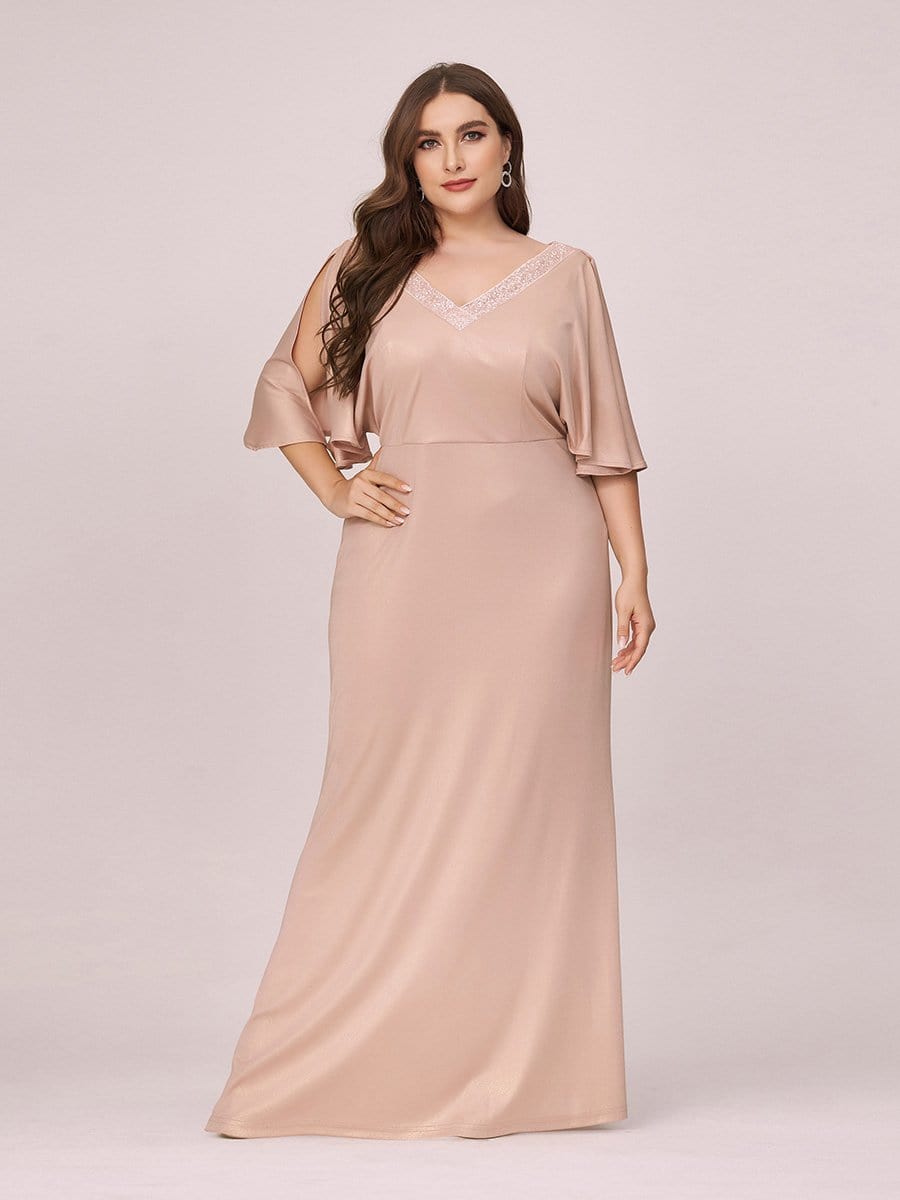 Color=Blush | Elegant V Neck Fishtail Plus Size Evening Dress For Mother Of Bride-Blush 1 Color=Blush | Elegant V Neck Fishtail Plus Size Evening Dress For Mother Of Bride-Blush 1