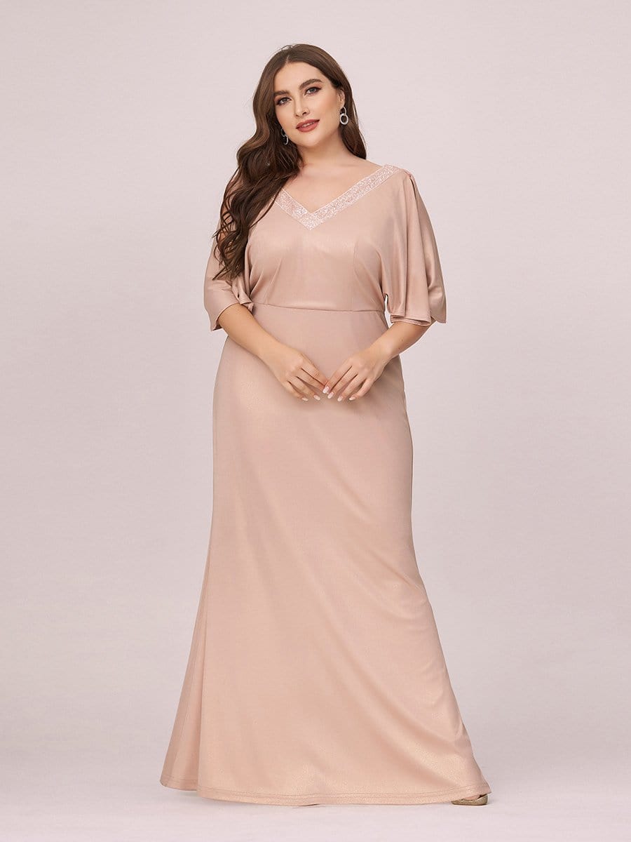 Color=Blush | Elegant V Neck Fishtail Plus Size Evening Dress For Mother Of Bride-Blush 4 Color=Blush | Elegant V Neck Fishtail Plus Size Evening Dress For Mother Of Bride-Blush 4