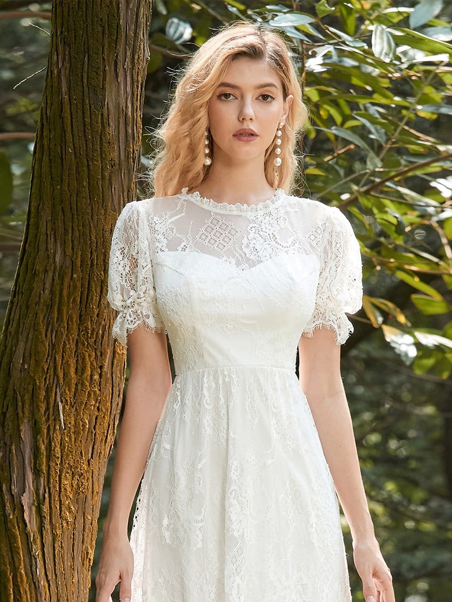 Color=Cream | Women'S Dainty A-Line Lace Midi Casual Dress With Short Sleeves-Cream 5 Color=Cream | Women'S Dainty A-Line Lace Midi Casual Dress With Short Sleeves-Cream 5