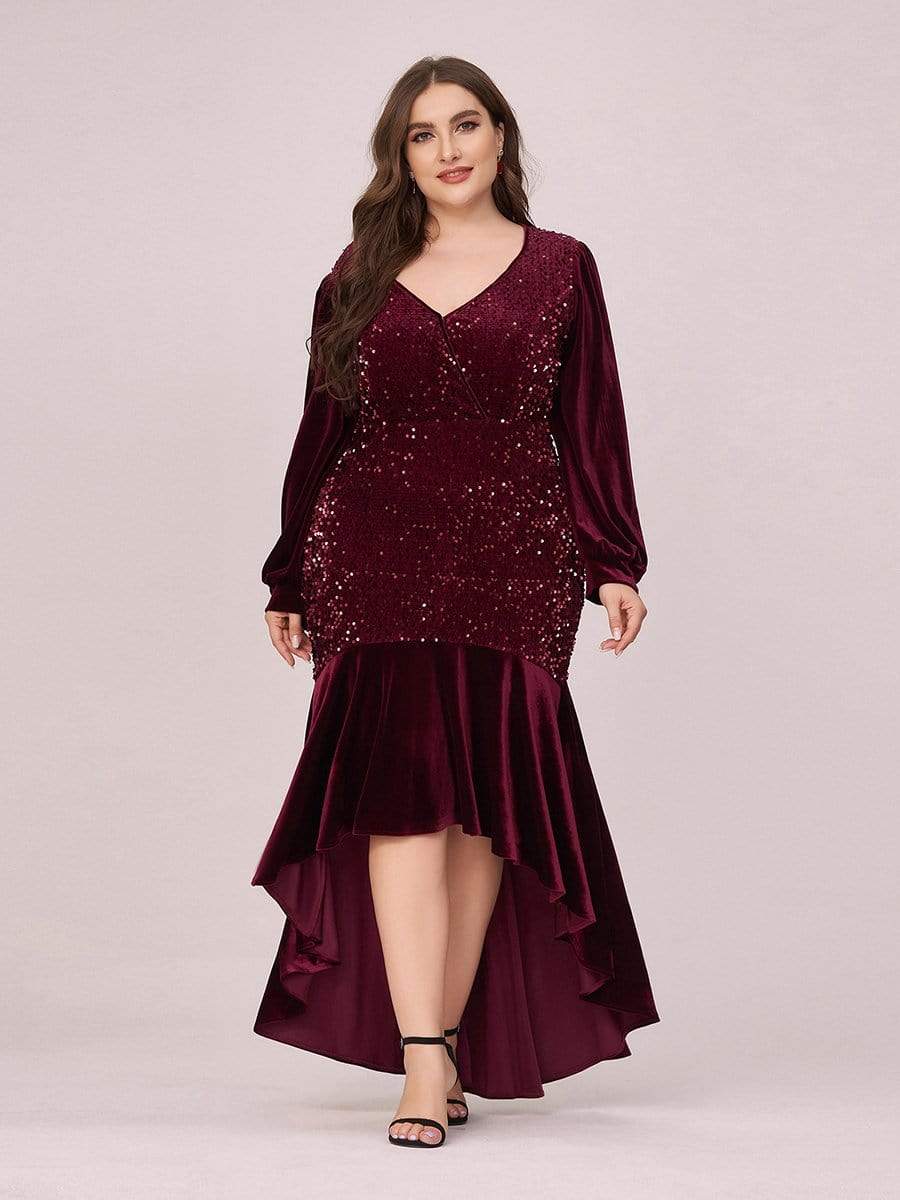 Color=Burgundy | Gorgeous V Neck Sequin & Velvet High-Low Plus Size Party Dress-Burgundy 4 Color=Burgundy | Gorgeous V Neck Sequin & Velvet High-Low Plus Size Party Dress-Burgundy 4