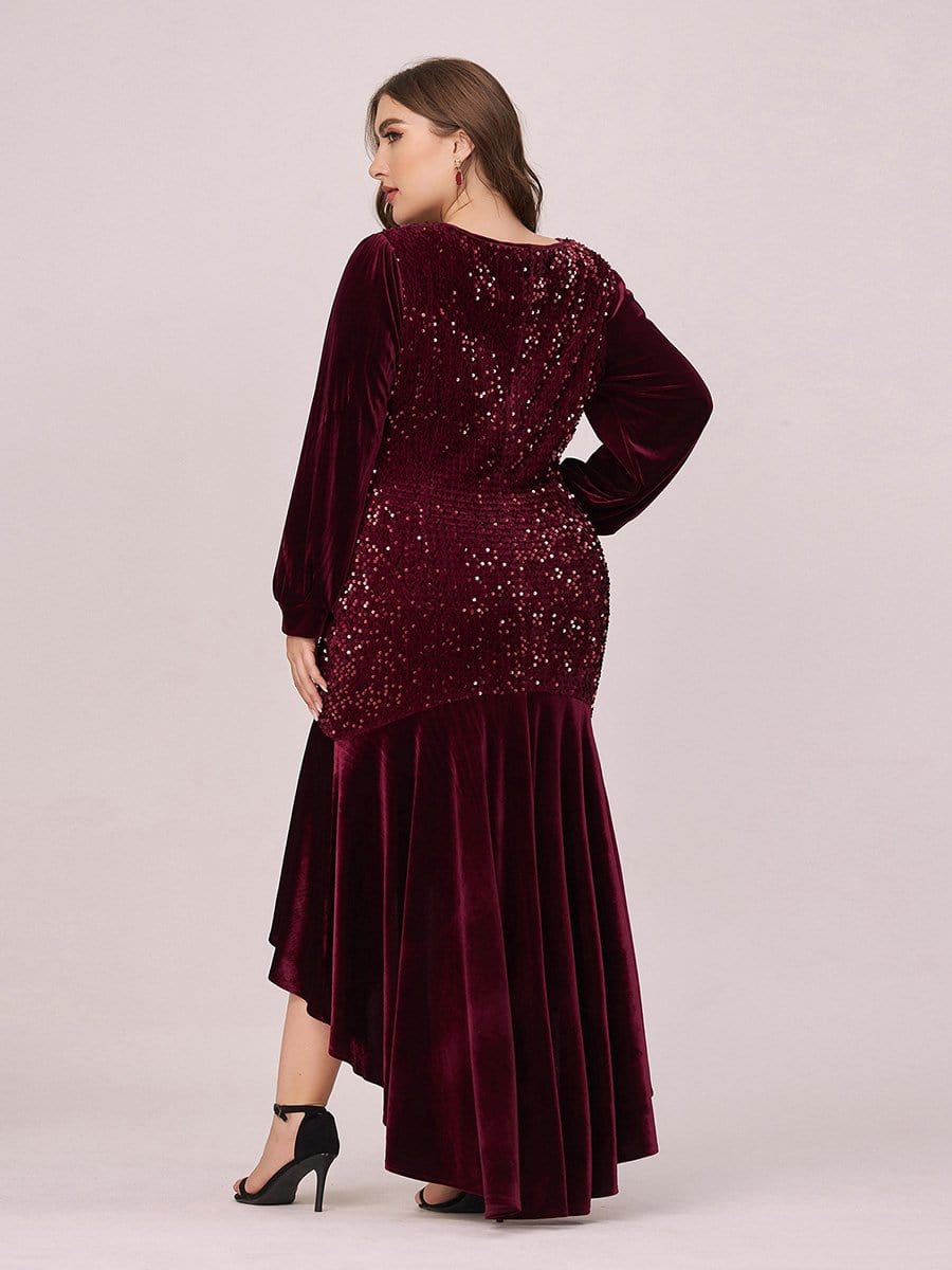 Color=Burgundy | Gorgeous V Neck Sequin & Velvet High-Low Plus Size Party Dress-Burgundy 2 Color=Burgundy | Gorgeous V Neck Sequin & Velvet High-Low Plus Size Party Dress-Burgundy 2