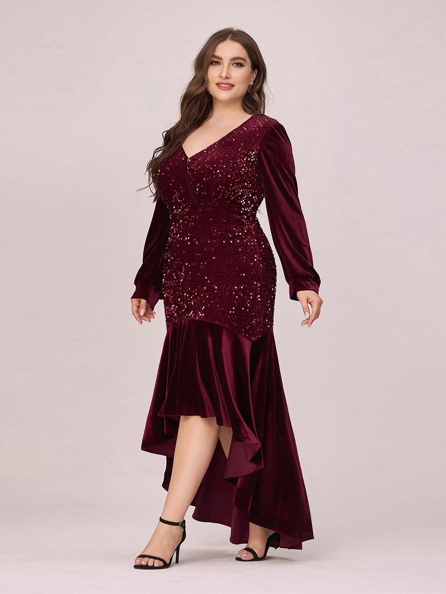 Color=Burgundy | Gorgeous V Neck Sequin & Velvet High-Low Plus Size Party Dress-Burgundy 3 Color=Burgundy | Gorgeous V Neck Sequin & Velvet High-Low Plus Size Party Dress-Burgundy 3