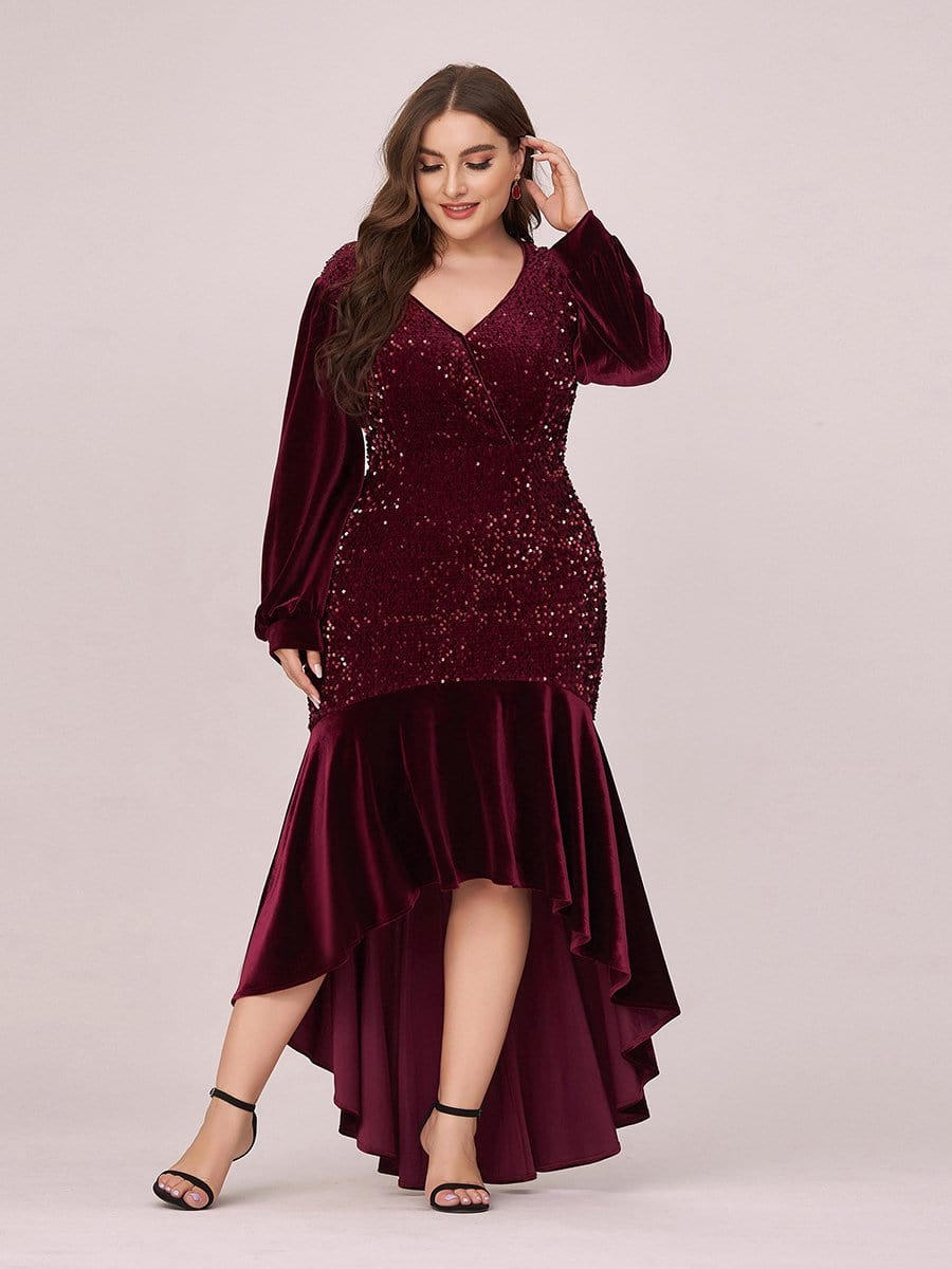 Color=Burgundy | Gorgeous V Neck Sequin & Velvet High-Low Plus Size Party Dress-Burgundy 4 Color=Burgundy | Gorgeous V Neck Sequin & Velvet High-Low Plus Size Party Dress-Burgundy 4