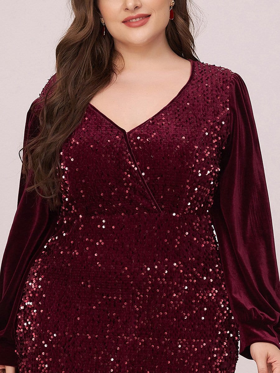 Color=Burgundy | Gorgeous V Neck Sequin & Velvet High-Low Plus Size Party Dress-Burgundy 5 Color=Burgundy | Gorgeous V Neck Sequin & Velvet High-Low Plus Size Party Dress-Burgundy 5