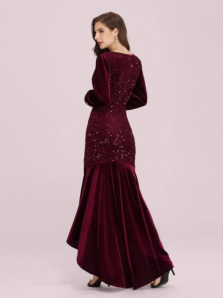 Color=Burgundy | Gorgeous V Neck Sequin & Velvet High-Low Plus Size Party Dress-Burgundy 2 Color=Burgundy | Gorgeous V Neck Sequin & Velvet High-Low Plus Size Party Dress-Burgundy 2
