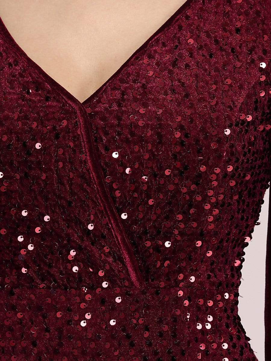 Color=Burgundy | Gorgeous V Neck Sequin & Velvet High-Low Plus Size Party Dress-Burgundy 5 Color=Burgundy | Gorgeous V Neck Sequin & Velvet High-Low Plus Size Party Dress-Burgundy 5