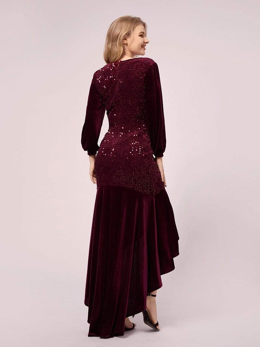 Color=Burgundy | Classic V Neck Sequin & Velvet Maternity Dress-Burgundy 2