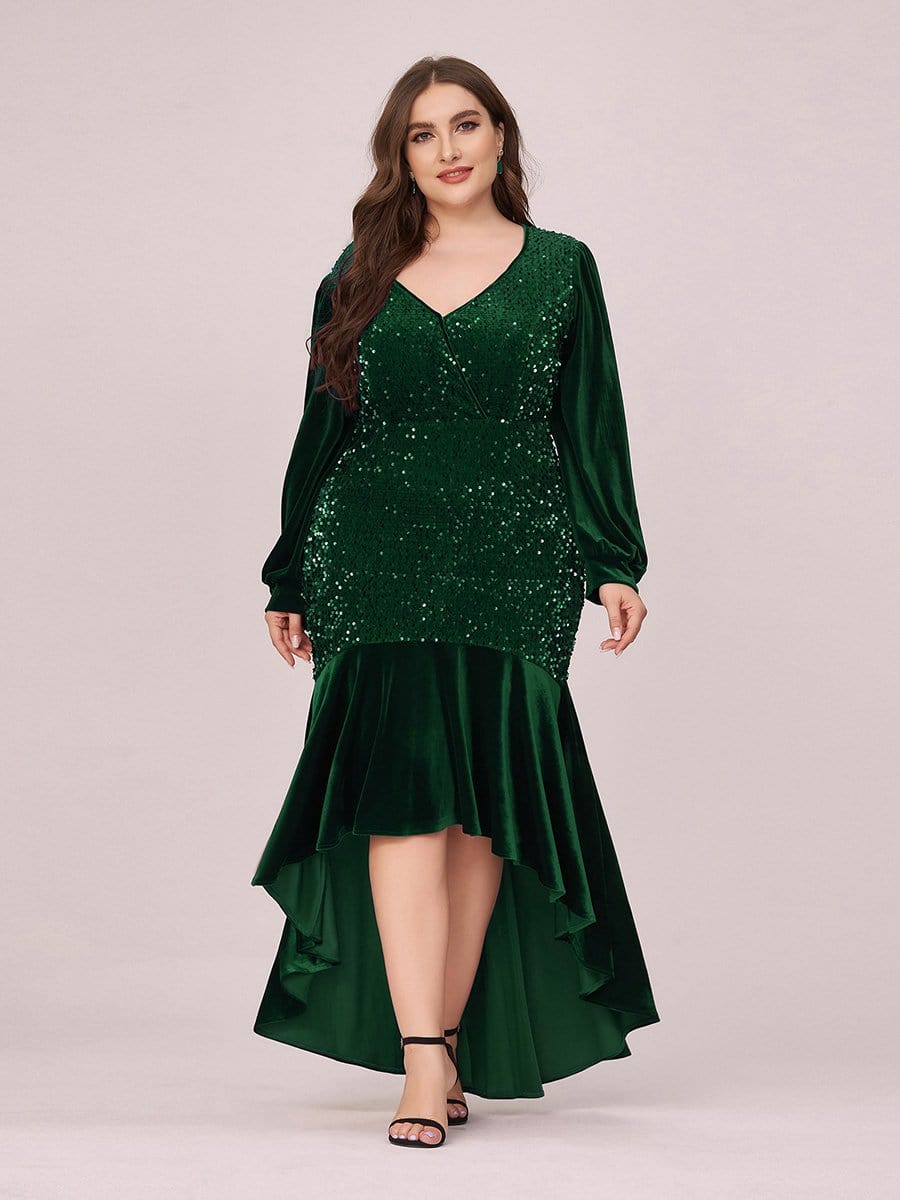 Color=Dark Green | Gorgeous V Neck Sequin & Velvet High-Low Plus Size Party Dress-Dark Green 2 Color=Dark Green | Gorgeous V Neck Sequin & Velvet High-Low Plus Size Party Dress-Dark Green 2