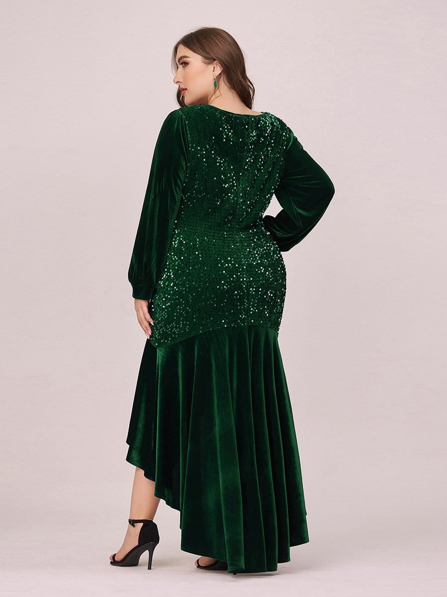 Color=Dark Green | Gorgeous V Neck Sequin & Velvet High-Low Plus Size Party Dress-Dark Green 3 Color=Dark Green | Gorgeous V Neck Sequin & Velvet High-Low Plus Size Party Dress-Dark Green 3