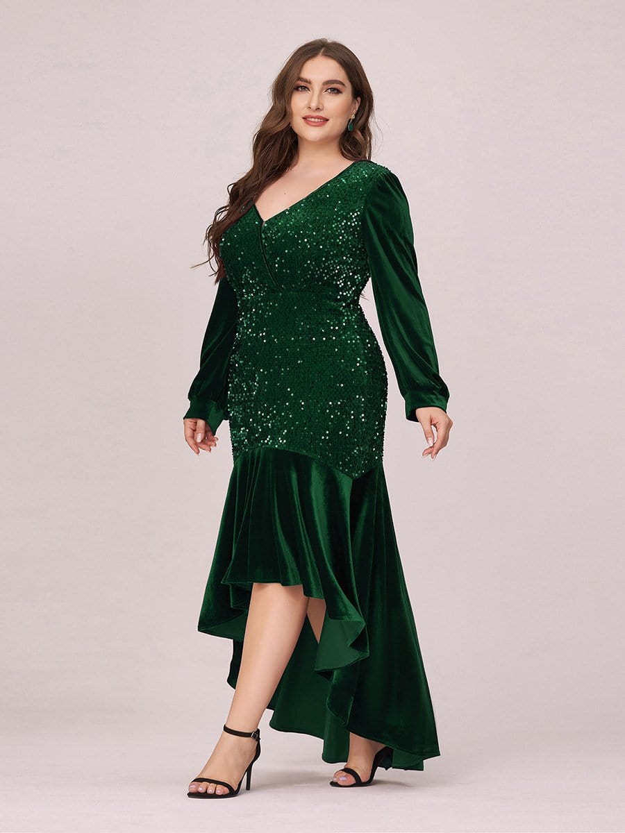Color=Dark Green | Gorgeous V Neck Sequin & Velvet High-Low Plus Size Party Dress-Dark Green 4 Color=Dark Green | Gorgeous V Neck Sequin & Velvet High-Low Plus Size Party Dress-Dark Green 4