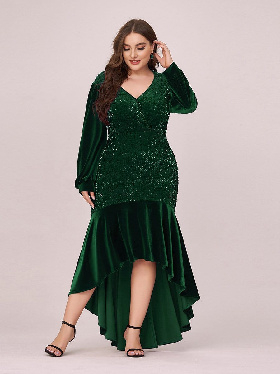 Color=Dark Green | Gorgeous V Neck Sequin & Velvet High-Low Plus Size Party Dress-Dark Green 1 Color=Dark Green | Gorgeous V Neck Sequin & Velvet High-Low Plus Size Party Dress-Dark Green 1