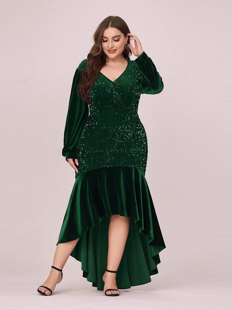 Color=Dark Green | Gorgeous V Neck Sequin & Velvet High-Low Plus Size Party Dress-Dark Green 3 Color=Dark Green | Gorgeous V Neck Sequin & Velvet High-Low Plus Size Party Dress-Dark Green 3