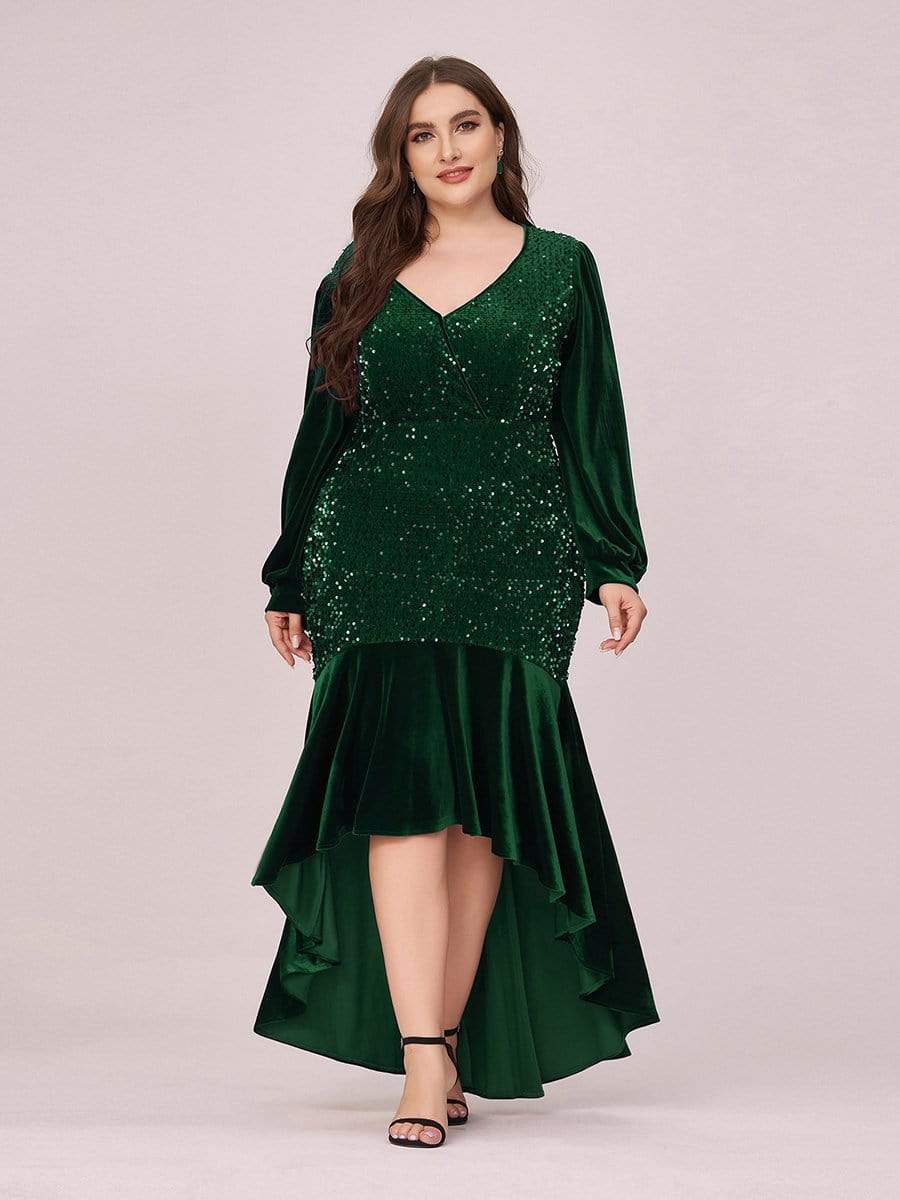 Color=Dark Green | Gorgeous V Neck Sequin & Velvet High-Low Plus Size Party Dress-Dark Green 4 Color=Dark Green | Gorgeous V Neck Sequin & Velvet High-Low Plus Size Party Dress-Dark Green 4