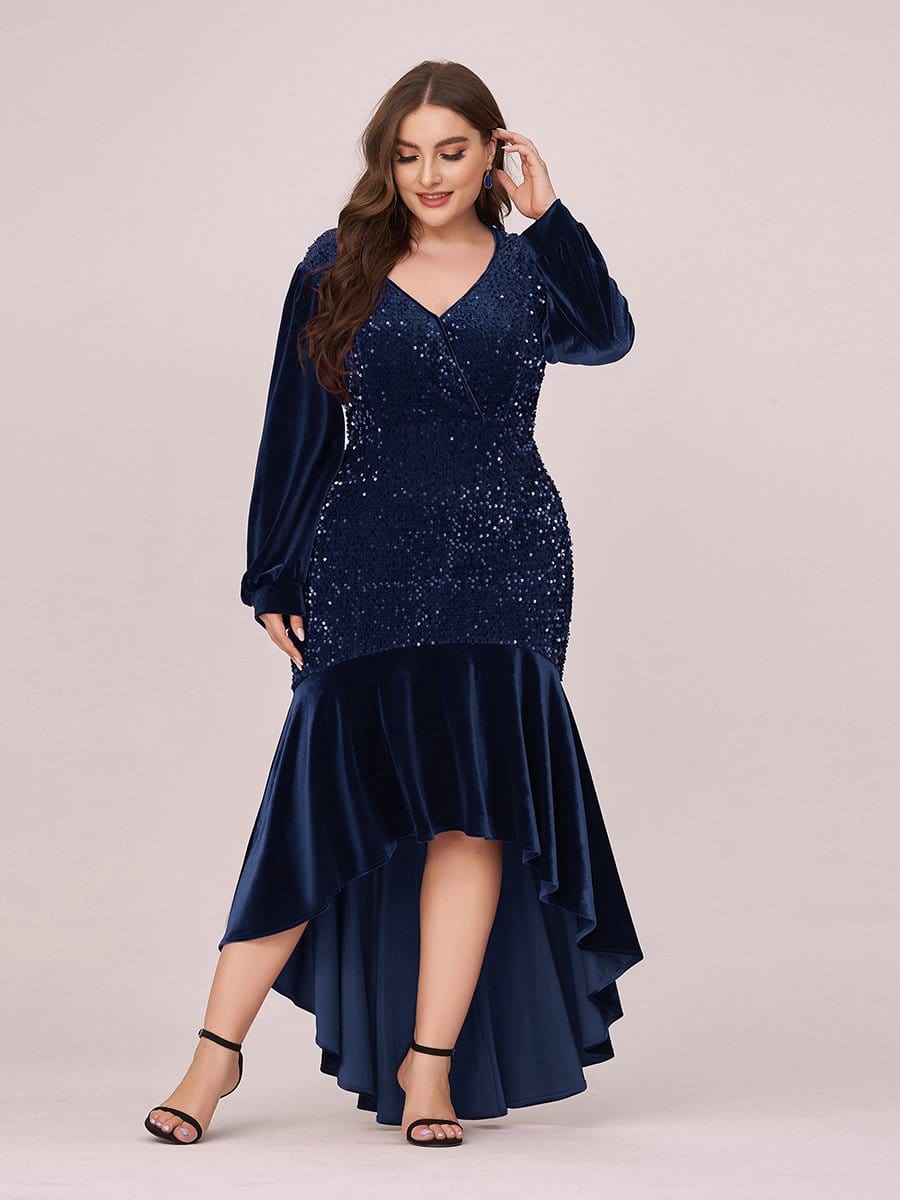 Color=Navy Blue | Gorgeous V Neck Sequin & Velvet High-Low Plus Size Party Dress-Navy Blue 4 Color=Navy Blue | Gorgeous V Neck Sequin & Velvet High-Low Plus Size Party Dress-Navy Blue 4