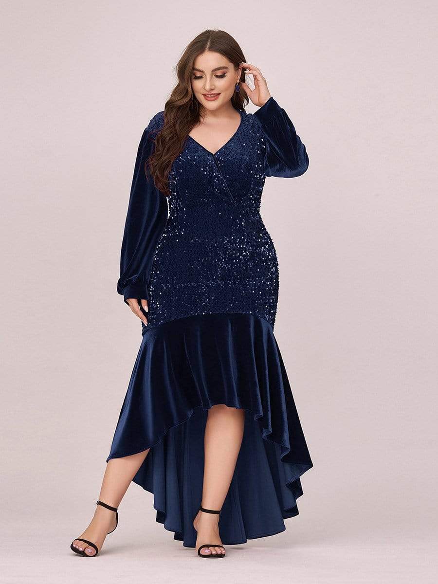 Color=Navy Blue | Gorgeous V Neck Sequin & Velvet High-Low Plus Size Party Dress-Navy Blue 4 Color=Navy Blue | Gorgeous V Neck Sequin & Velvet High-Low Plus Size Party Dress-Navy Blue 4