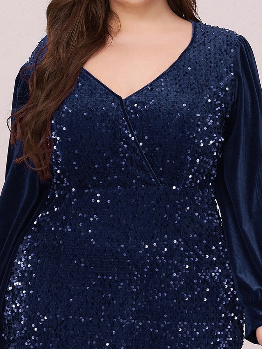 Color=Navy Blue | Gorgeous V Neck Sequin & Velvet High-Low Plus Size Party Dress-Navy Blue 5 Color=Navy Blue | Gorgeous V Neck Sequin & Velvet High-Low Plus Size Party Dress-Navy Blue 5