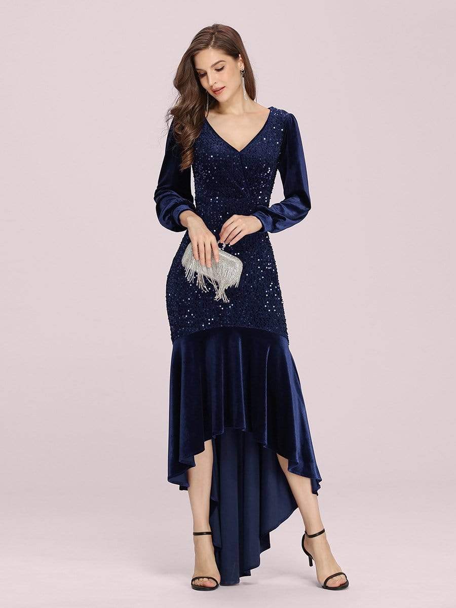 Color=Navy Blue | Gorgeous V Neck Sequin & Velvet High-Low Plus Size Party Dress-Navy Blue 1 Color=Navy Blue | Gorgeous V Neck Sequin & Velvet High-Low Plus Size Party Dress-Navy Blue 1