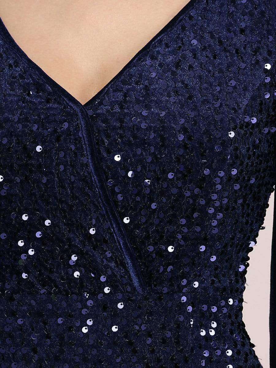 Color=Navy Blue | Gorgeous V Neck Sequin & Velvet High-Low Plus Size Party Dress-Navy Blue 5 Color=Navy Blue | Gorgeous V Neck Sequin & Velvet High-Low Plus Size Party Dress-Navy Blue 5