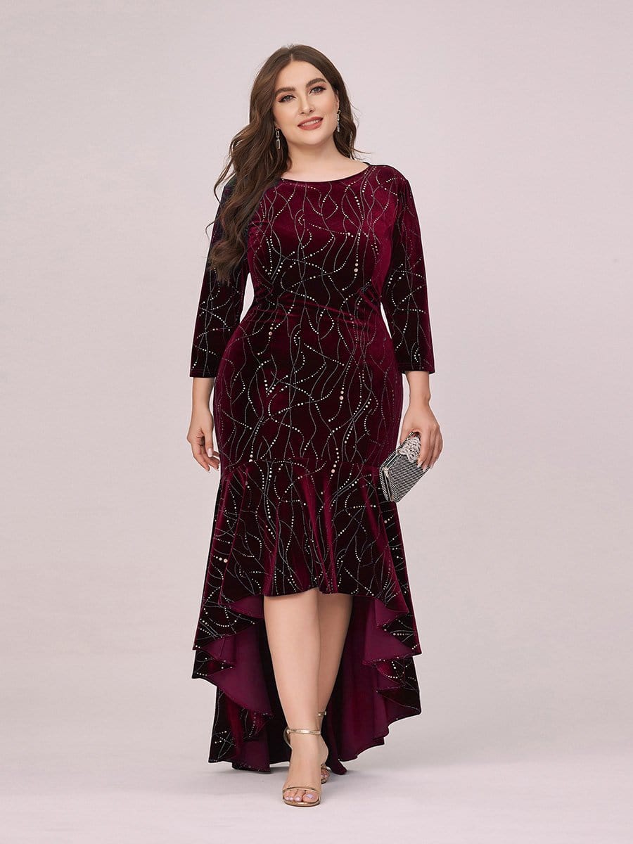 Color=Burgundy | Elegant Plus Size Bodycon High-Low Velvet Party Dress-Burgundy 1 Color=Burgundy | Elegant Plus Size Bodycon High-Low Velvet Party Dress-Burgundy 1