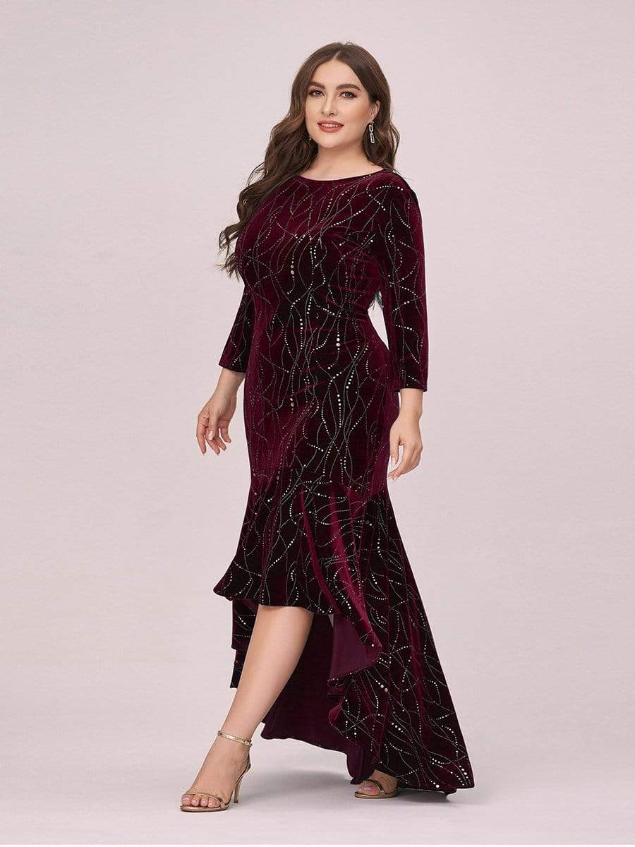 Color=Burgundy | Elegant Plus Size Bodycon High-Low Velvet Party Dress-Burgundy 3 Color=Burgundy | Elegant Plus Size Bodycon High-Low Velvet Party Dress-Burgundy 3