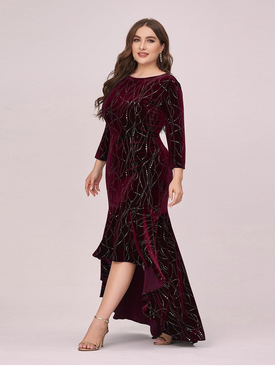 Color=Burgundy | Elegant Plus Size Bodycon High-Low Velvet Party Dress-Burgundy 3 Color=Burgundy | Elegant Plus Size Bodycon High-Low Velvet Party Dress-Burgundy 3