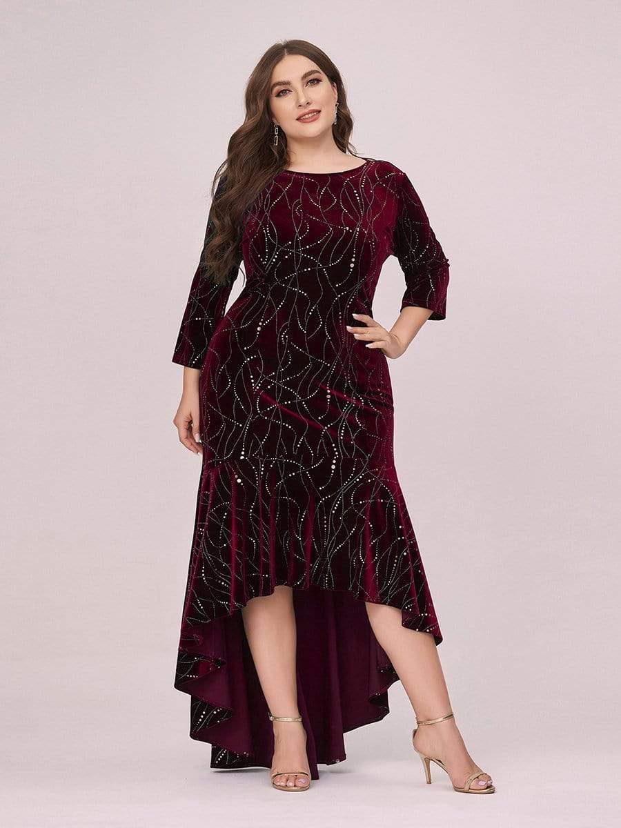 Color=Burgundy | Elegant Plus Size Bodycon High-Low Velvet Party Dress-Burgundy 4 Color=Burgundy | Elegant Plus Size Bodycon High-Low Velvet Party Dress-Burgundy 4