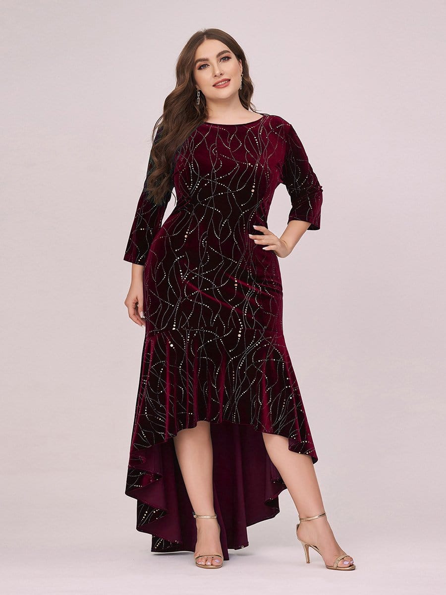 Color=Burgundy | Elegant Plus Size Bodycon High-Low Velvet Party Dress-Burgundy 4 Color=Burgundy | Elegant Plus Size Bodycon High-Low Velvet Party Dress-Burgundy 4