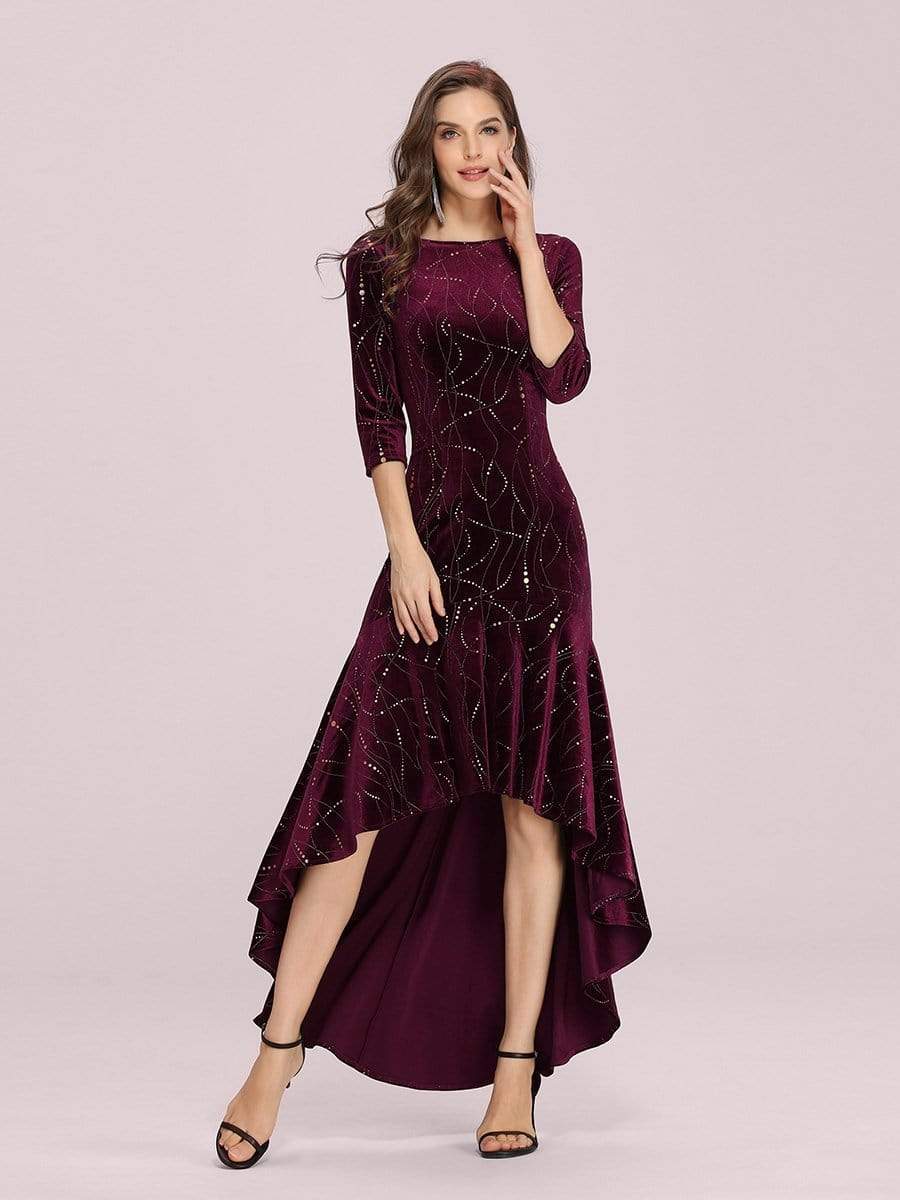 Color=Burgundy | Elegant Plus Size Bodycon High-Low Velvet Party Dress-Burgundy 1 Color=Burgundy | Elegant Plus Size Bodycon High-Low Velvet Party Dress-Burgundy 1