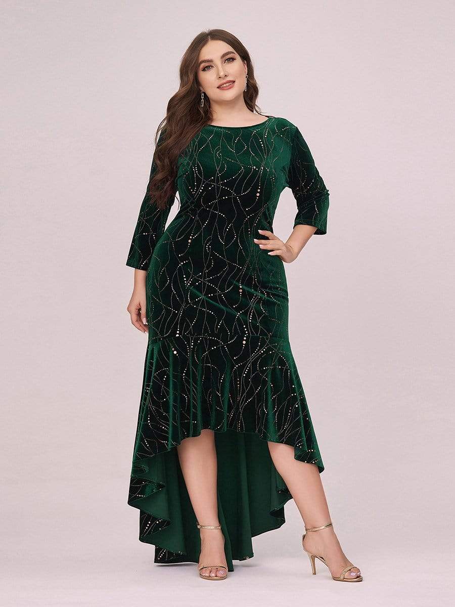 Color=Dark Green | Elegant Plus Size Bodycon High-Low Velvet Party Dress-Dark Green 4 Color=Dark Green | Elegant Plus Size Bodycon High-Low Velvet Party Dress-Dark Green 4