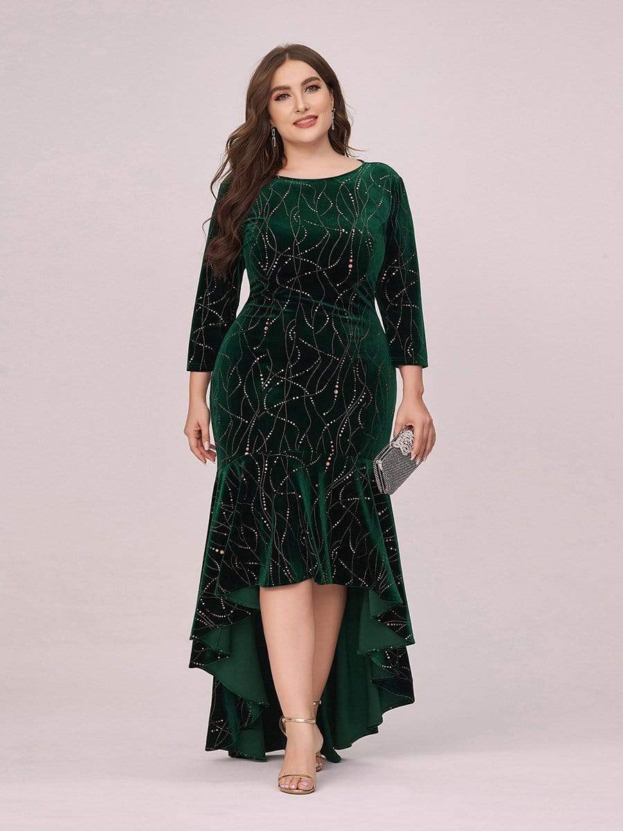 Color=Dark Green | Elegant Plus Size Bodycon High-Low Velvet Party Dress-Dark Green 1 Color=Dark Green | Elegant Plus Size Bodycon High-Low Velvet Party Dress-Dark Green 1