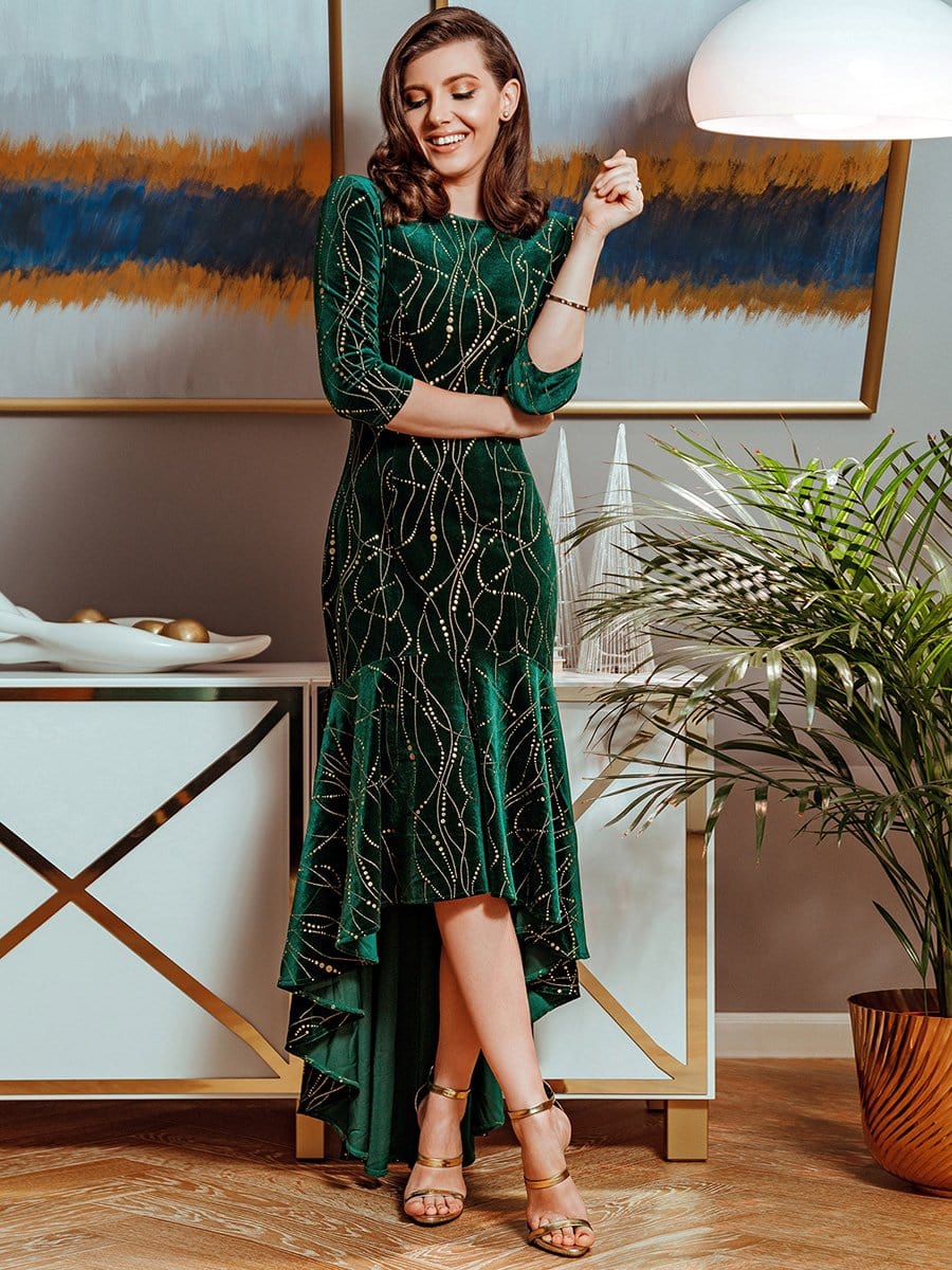 Color=Dark Green | Elegant Plus Size Bodycon High-Low Velvet Party Dress-Dark Green 2 Color=Dark Green | Elegant Plus Size Bodycon High-Low Velvet Party Dress-Dark Green 2