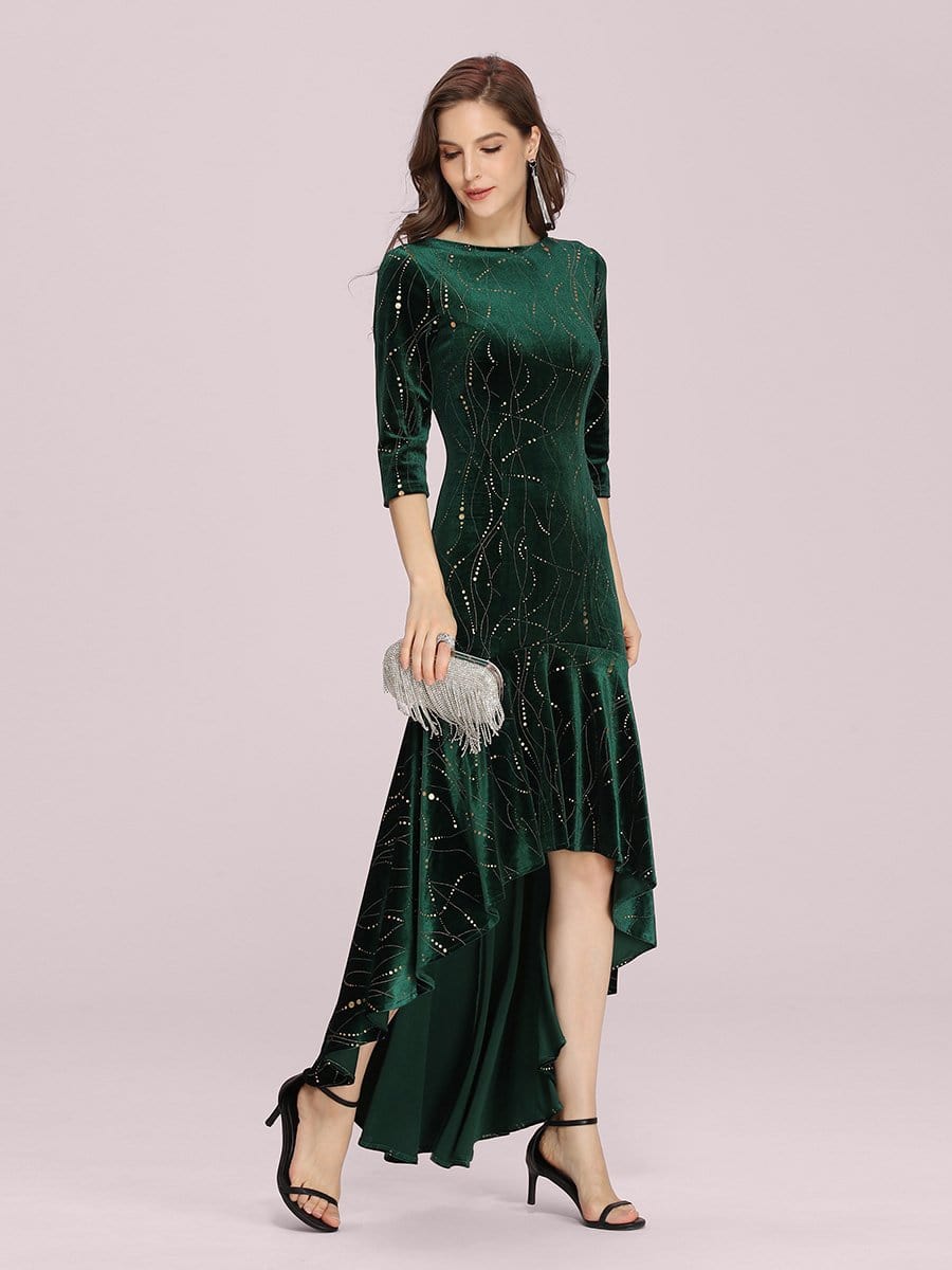 Color=Dark Green | Elegant Plus Size Bodycon High-Low Velvet Party Dress-Dark Green 4 Color=Dark Green | Elegant Plus Size Bodycon High-Low Velvet Party Dress-Dark Green 4