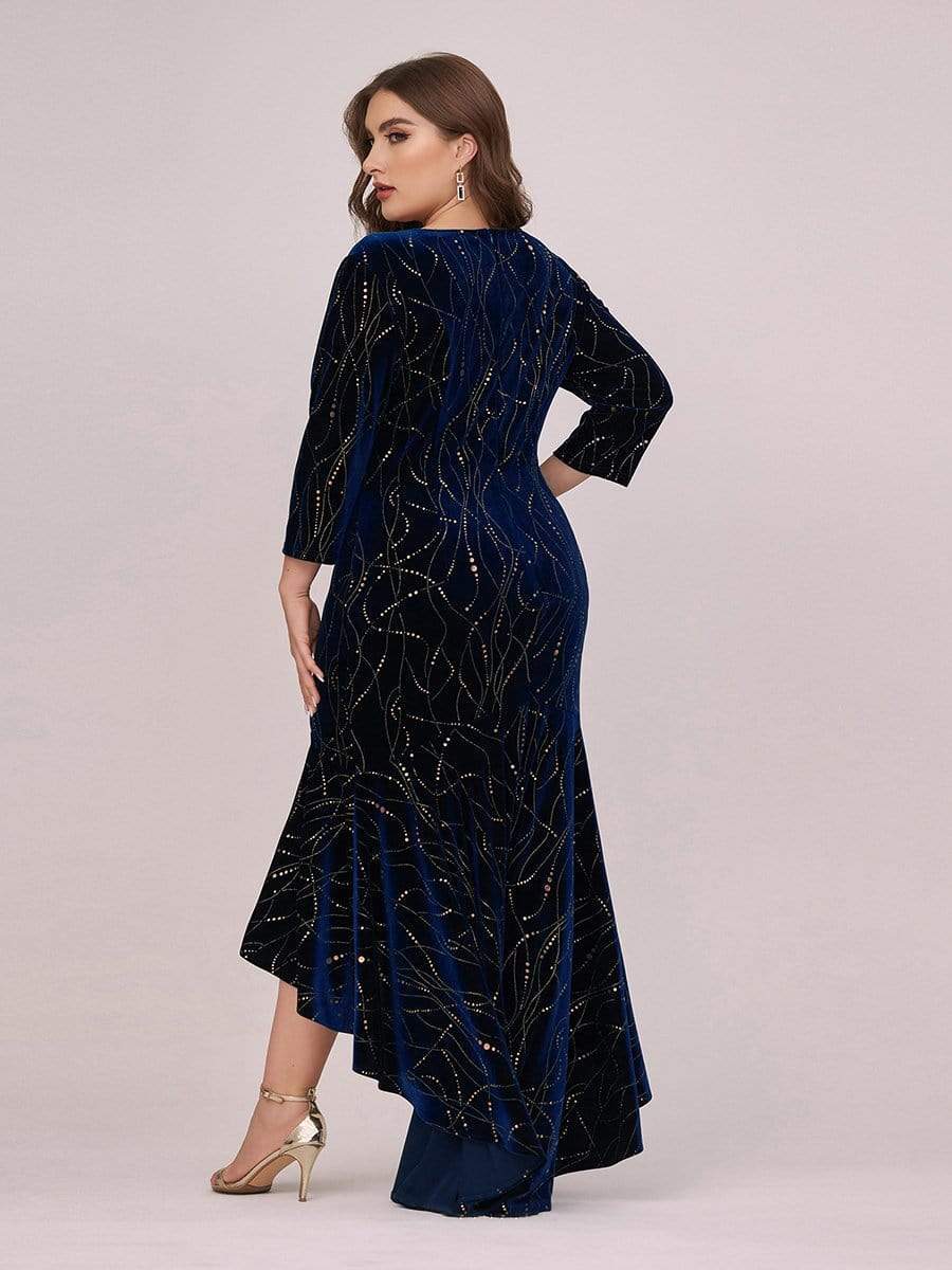 Color=Navy Blue | Elegant Plus Size Bodycon High-Low Velvet Party Dress-Navy Blue 4 Color=Navy Blue | Elegant Plus Size Bodycon High-Low Velvet Party Dress-Navy Blue 4