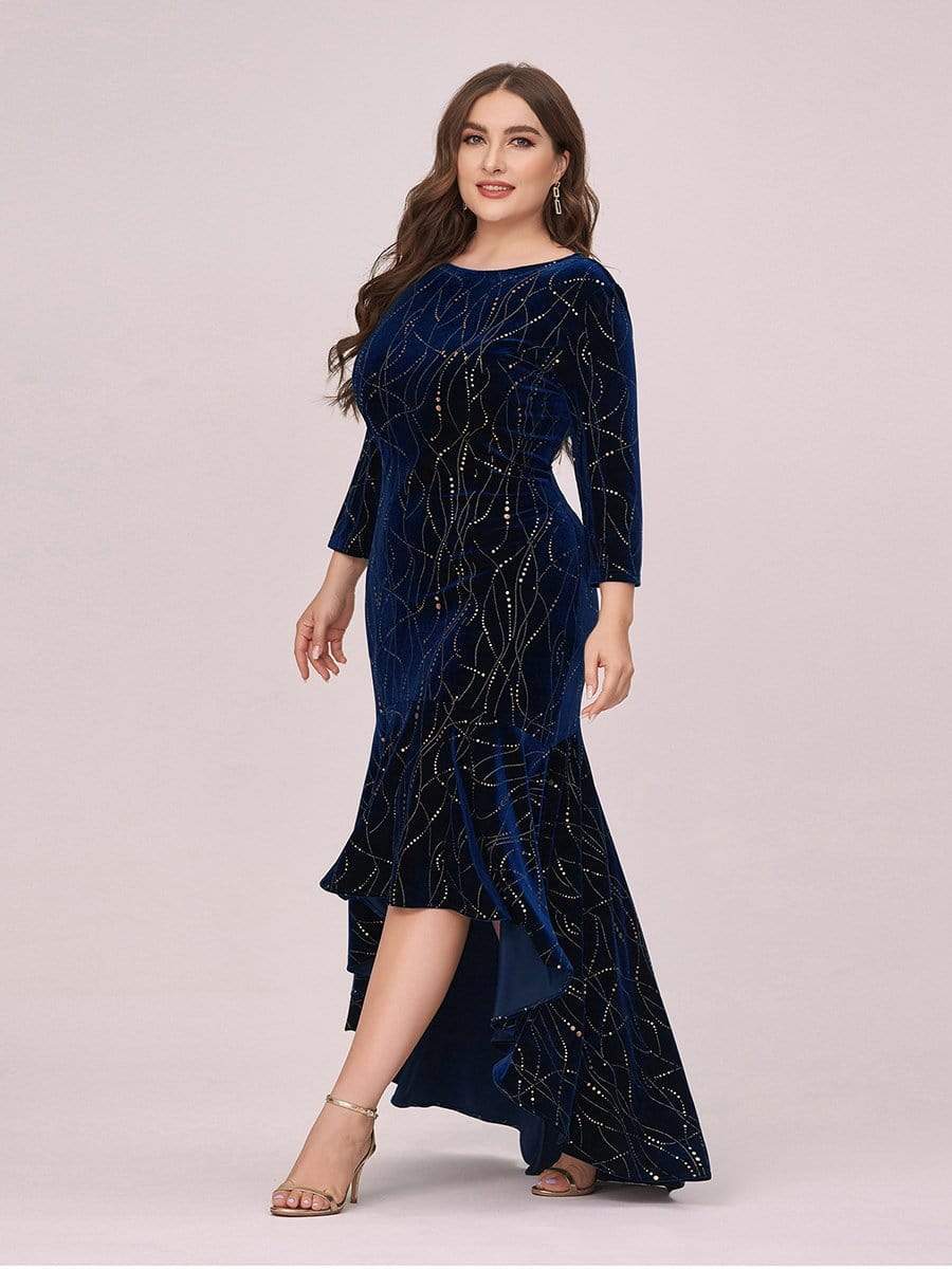 Color=Navy Blue | Elegant Plus Size Bodycon High-Low Velvet Party Dress-Navy Blue 3 Color=Navy Blue | Elegant Plus Size Bodycon High-Low Velvet Party Dress-Navy Blue 3