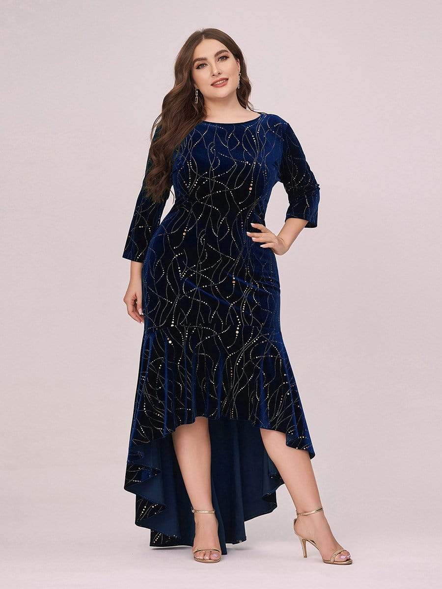 Color=Navy Blue | Elegant Plus Size Bodycon High-Low Velvet Party Dress-Navy Blue 4 Color=Navy Blue | Elegant Plus Size Bodycon High-Low Velvet Party Dress-Navy Blue 4